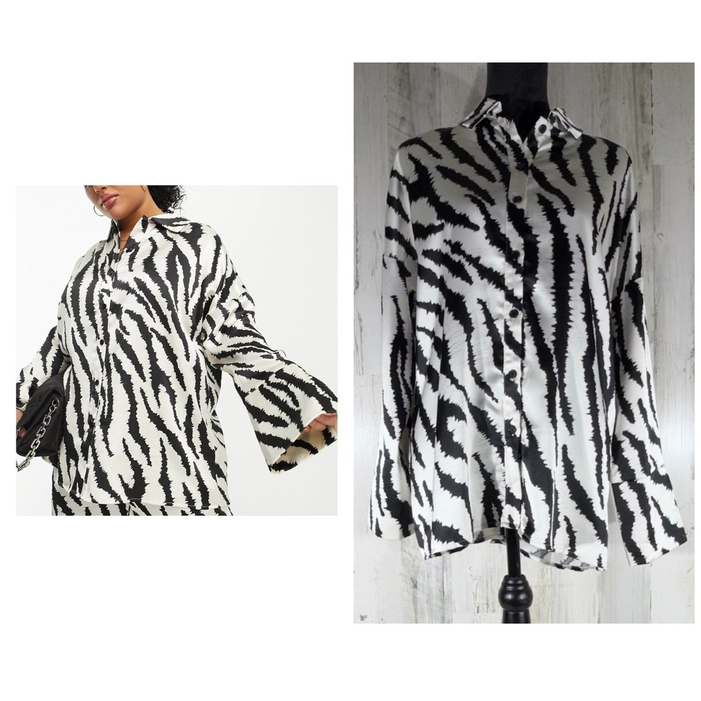 4th‎ & Reckless Satin Zebra Print Shirt US Medium Black White Knot Back ASOS NWT